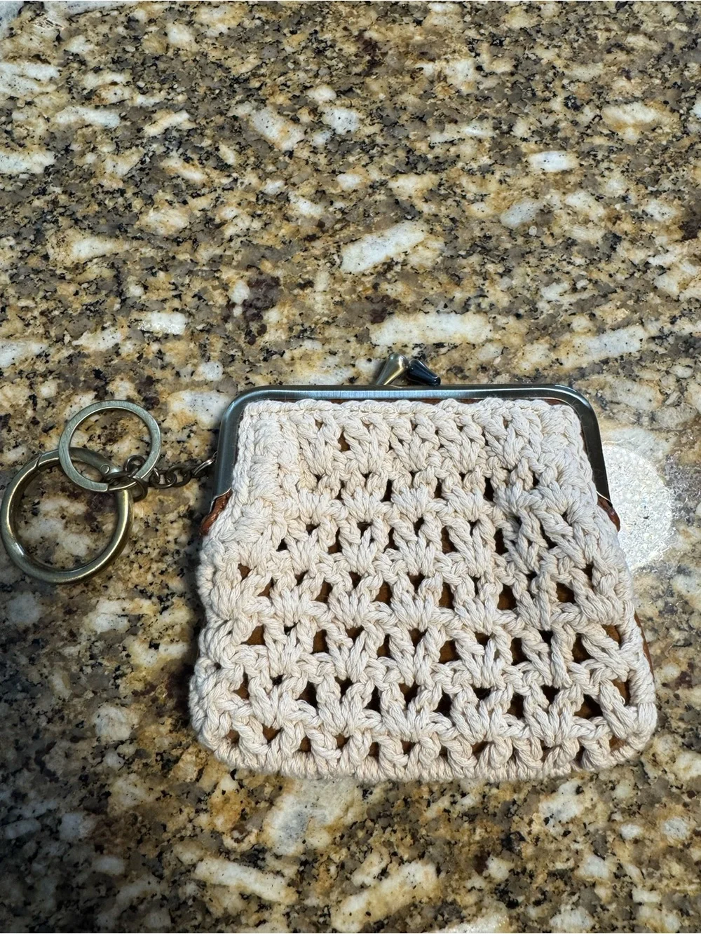 Patricia Nash Chestnut Brown Leather and Crochet Kiss-Lock Coin Purse Keyring